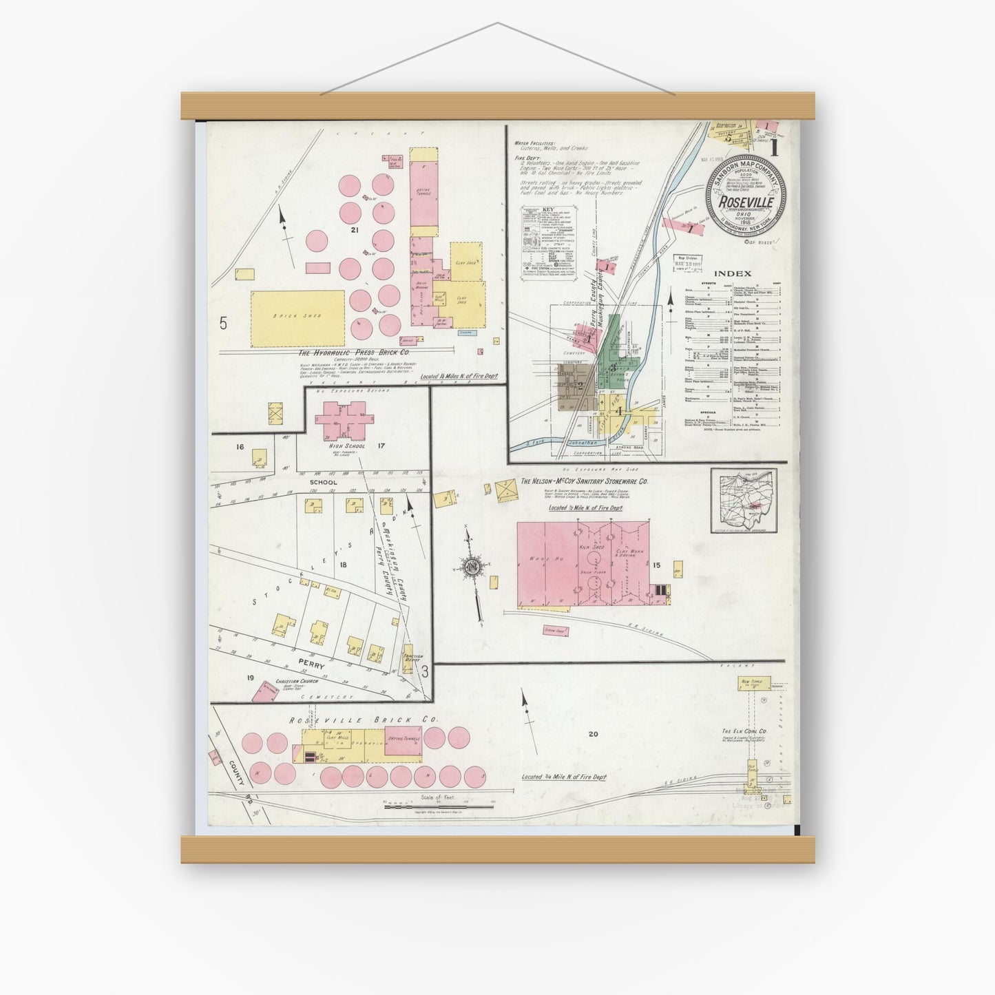 Old map wall art mockup — magnetic wood frame on white wall — Sanborn Fire Insurance Map from Roseville, Perry And Muskingum Counties, Ohio (1918), Sheet #0001