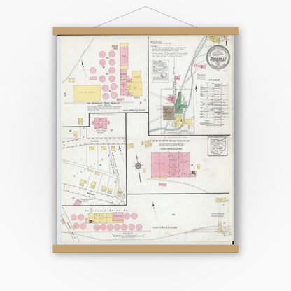 Old map wall art mockup — magnetic wood frame on white wall — Sanborn Fire Insurance Map from Roseville, Perry And Muskingum Counties, Ohio (1918), Sheet #0001