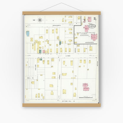 Old map wall art mockup — magnetic wood frame on white wall — Sanborn Fire Insurance Map from Elmhurst, Du Page County, Illinois (1909), Sheet #0002