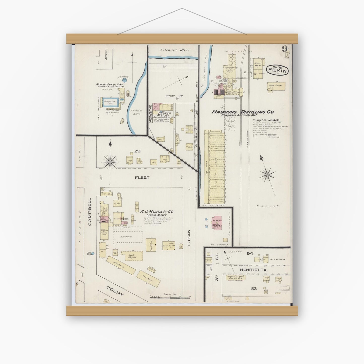 Old map wall art mockup — magnetic wood frame on white wall — Sanborn Fire Insurance Map from Pekin, Tazewell County, Illinois (1885), Sheet #0009