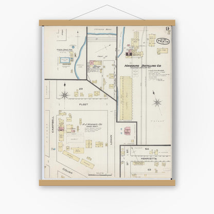 Old map wall art mockup — magnetic wood frame on white wall — Sanborn Fire Insurance Map from Pekin, Tazewell County, Illinois (1885), Sheet #0009