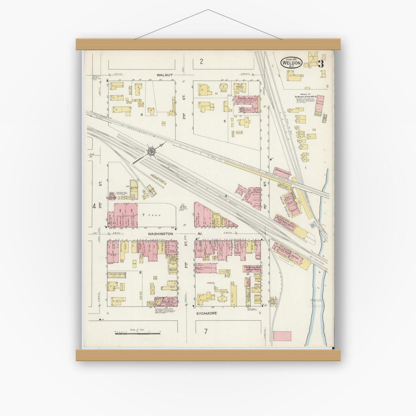 Old map wall art mockup — magnetic wood frame on white wall — Sanborn Fire Insurance Map from Weldon, Halifax County, North Carolina (1915), Sheet #0003