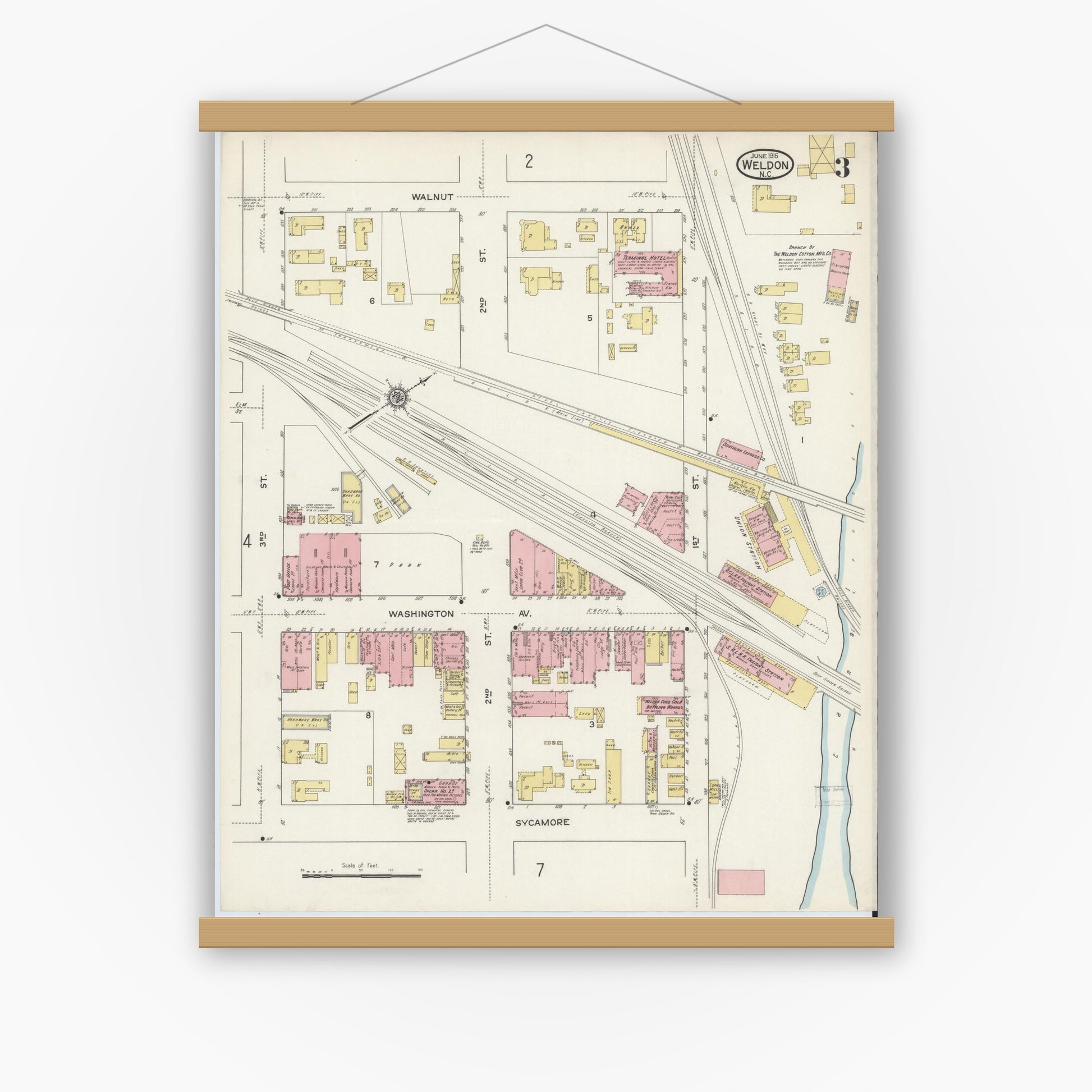 Old map wall art mockup — magnetic wood frame on white wall — Sanborn Fire Insurance Map from Weldon, Halifax County, North Carolina (1915), Sheet #0003