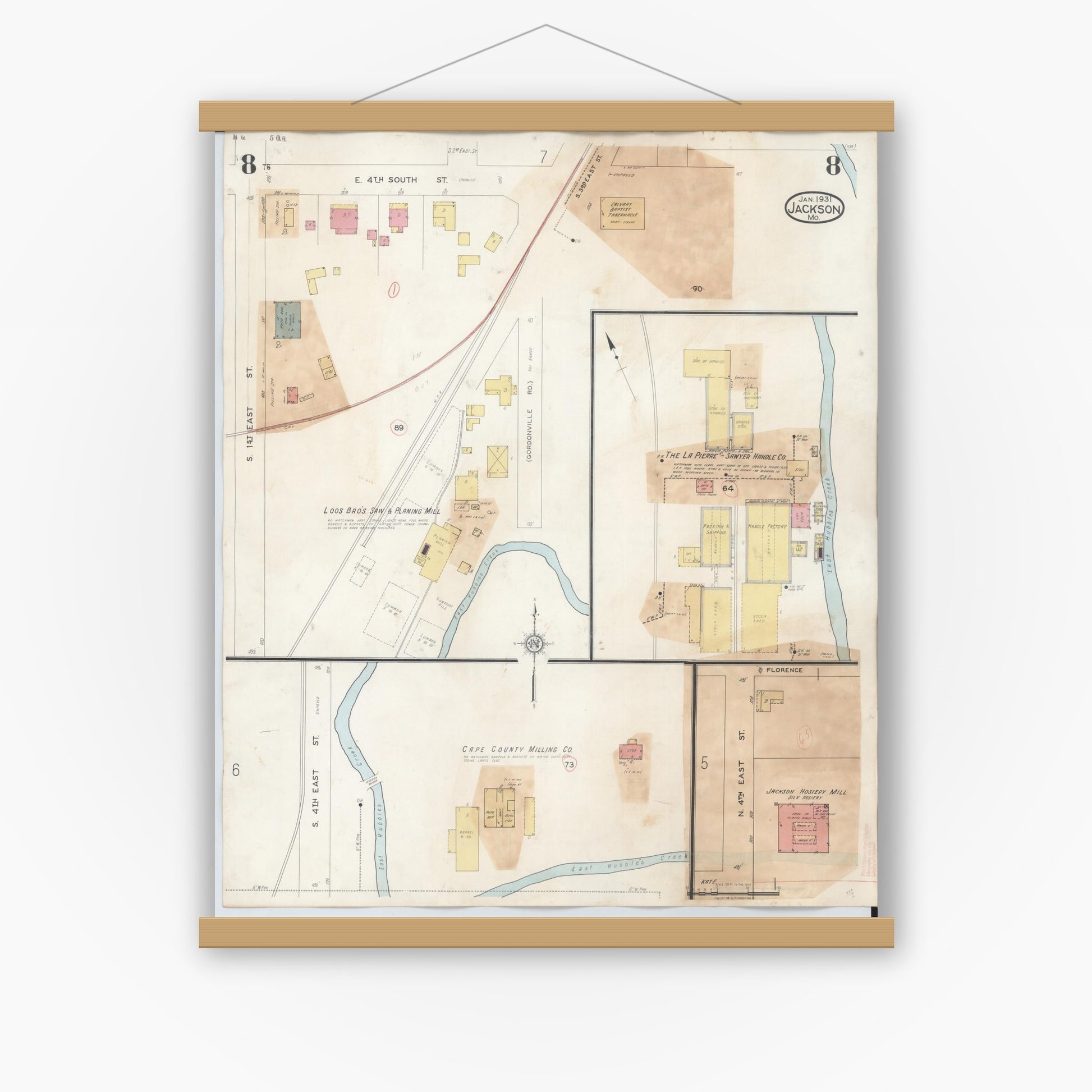 Old map wall art mockup — magnetic wood frame on white wall — Sanborn Fire Insurance Map from Jackson, Cape Girardeau County, Missouri (1941), Sheet #0008