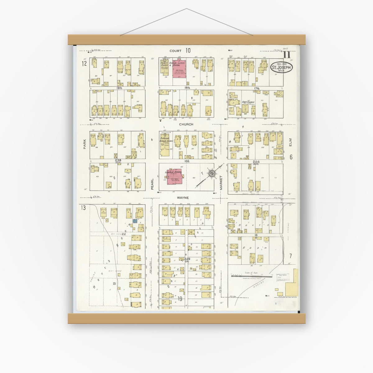 Old map wall art mockup — magnetic wood frame on white wall — Sanborn Fire Insurance Map from Saint Joseph, Berrien County, Michigan (1921), Sheet #0011