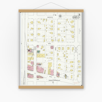Old map wall art mockup — magnetic wood frame on white wall — Sanborn Fire Insurance Map from Monroe City, Monroe County, Missouri (1909), Sheet #0003