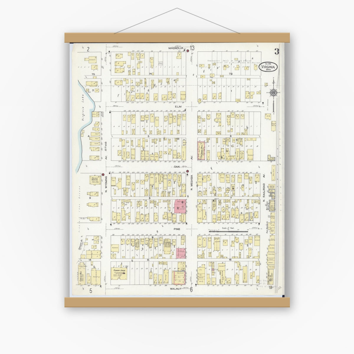 Old map wall art mockup — magnetic wood frame on white wall — Sanborn Fire Insurance Map from Virginia, Saint Louis County, Minnesota (1910), Sheet #0003