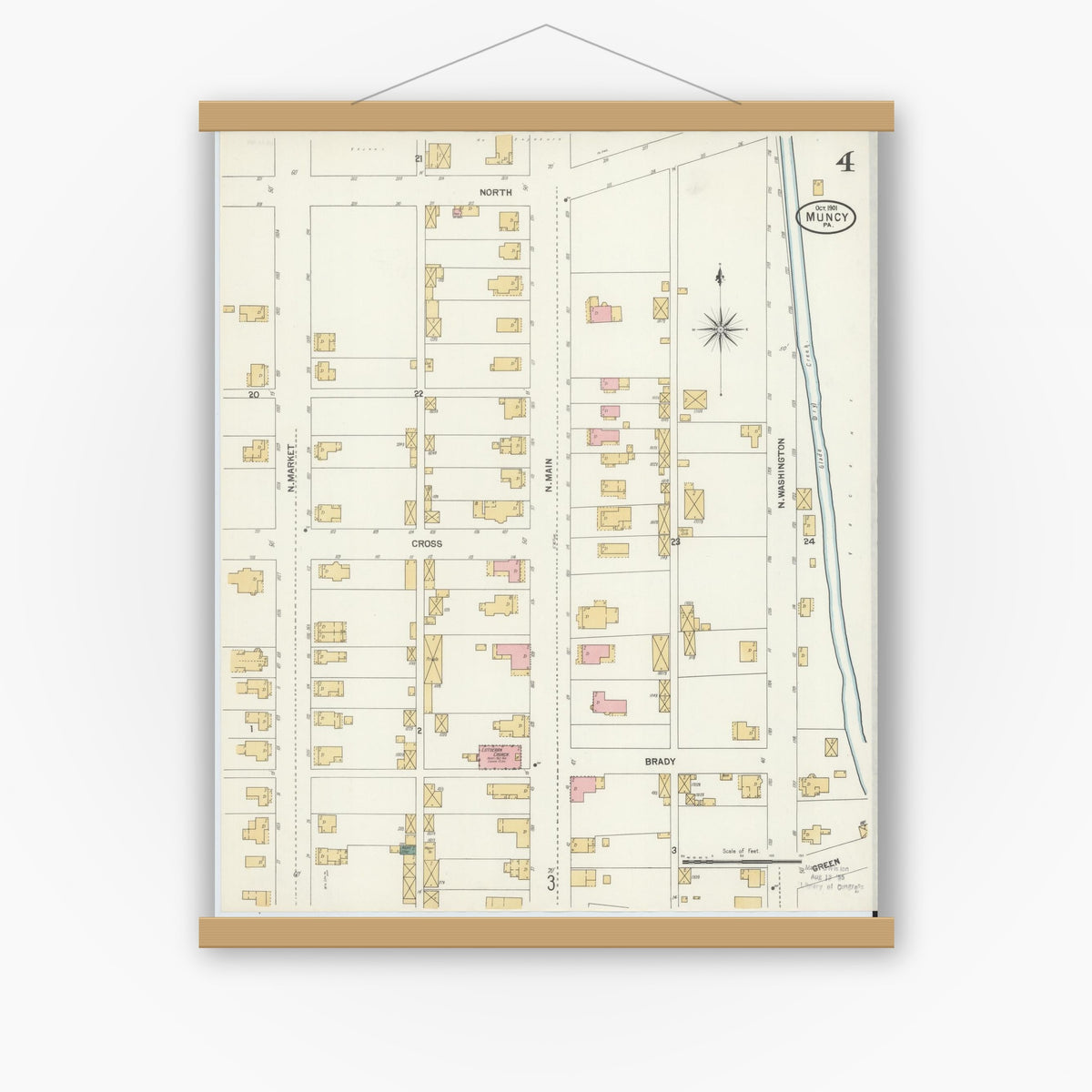 Old map wall art mockup — magnetic wood frame on white wall — Sanborn Fire Insurance Map from Muncy, Lycoming County, Pennsylvania (1901), Sheet #0004