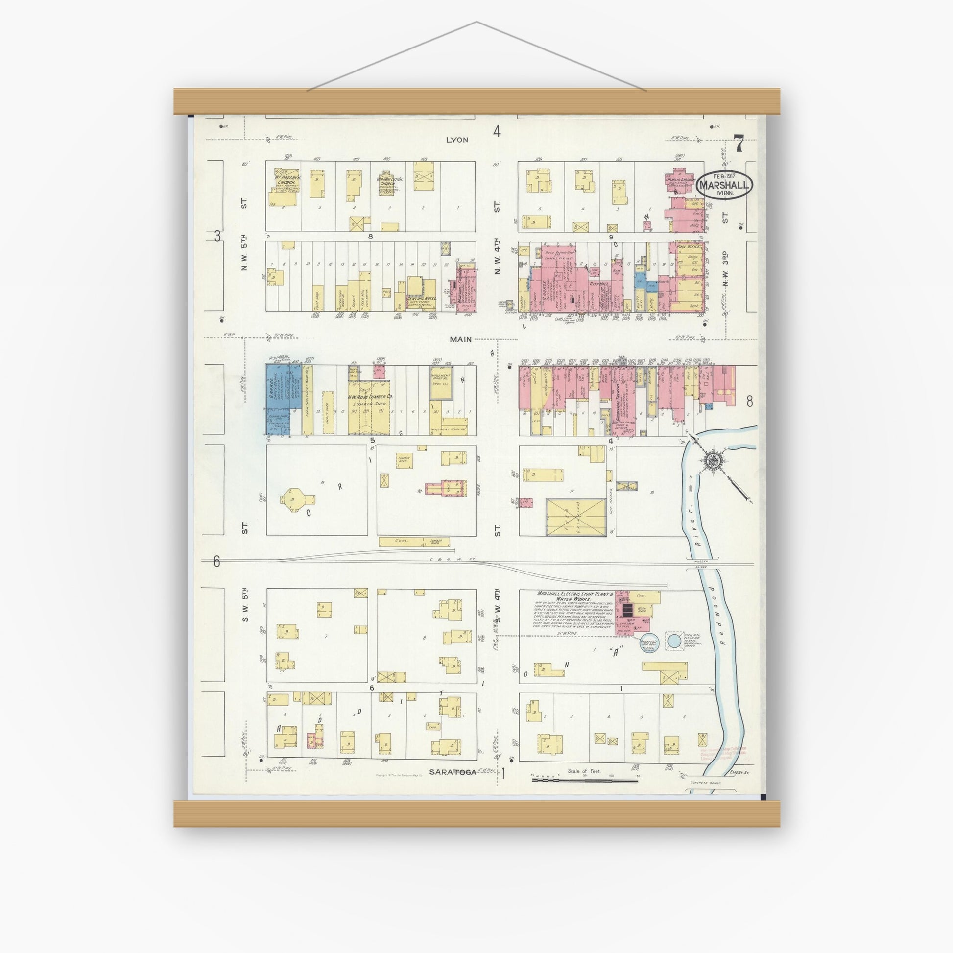 Old map wall art mockup — magnetic wood frame on white wall — Sanborn Fire Insurance Map from Marshall, Lyon County, Minnesota (1917), Sheet #0007