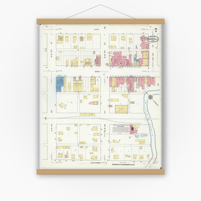 Old map wall art mockup — magnetic wood frame on white wall — Sanborn Fire Insurance Map from Marshall, Lyon County, Minnesota (1917), Sheet #0007