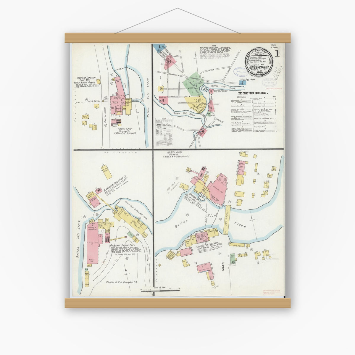 Old map wall art mockup — magnetic wood frame on white wall — Sanborn Fire Insurance Map from Greenwich, Washington County, New York (1898) - Complete Map Set