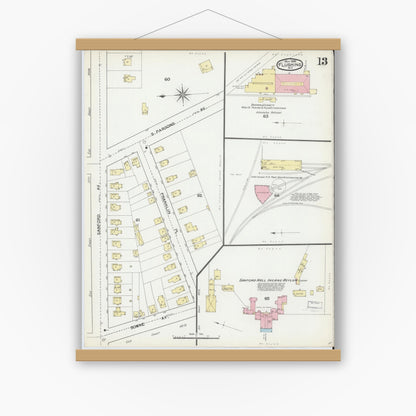 Old map wall art mockup — magnetic wood frame on white wall — Sanborn Fire Insurance Map from Flushing, Queens County, New York (1892), Sheet #0013
