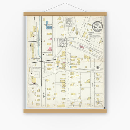 Old map wall art mockup — magnetic wood frame on white wall — Sanborn Fire Insurance Map from Grafton, Lorain County, Ohio (1913), Sheet #0001
