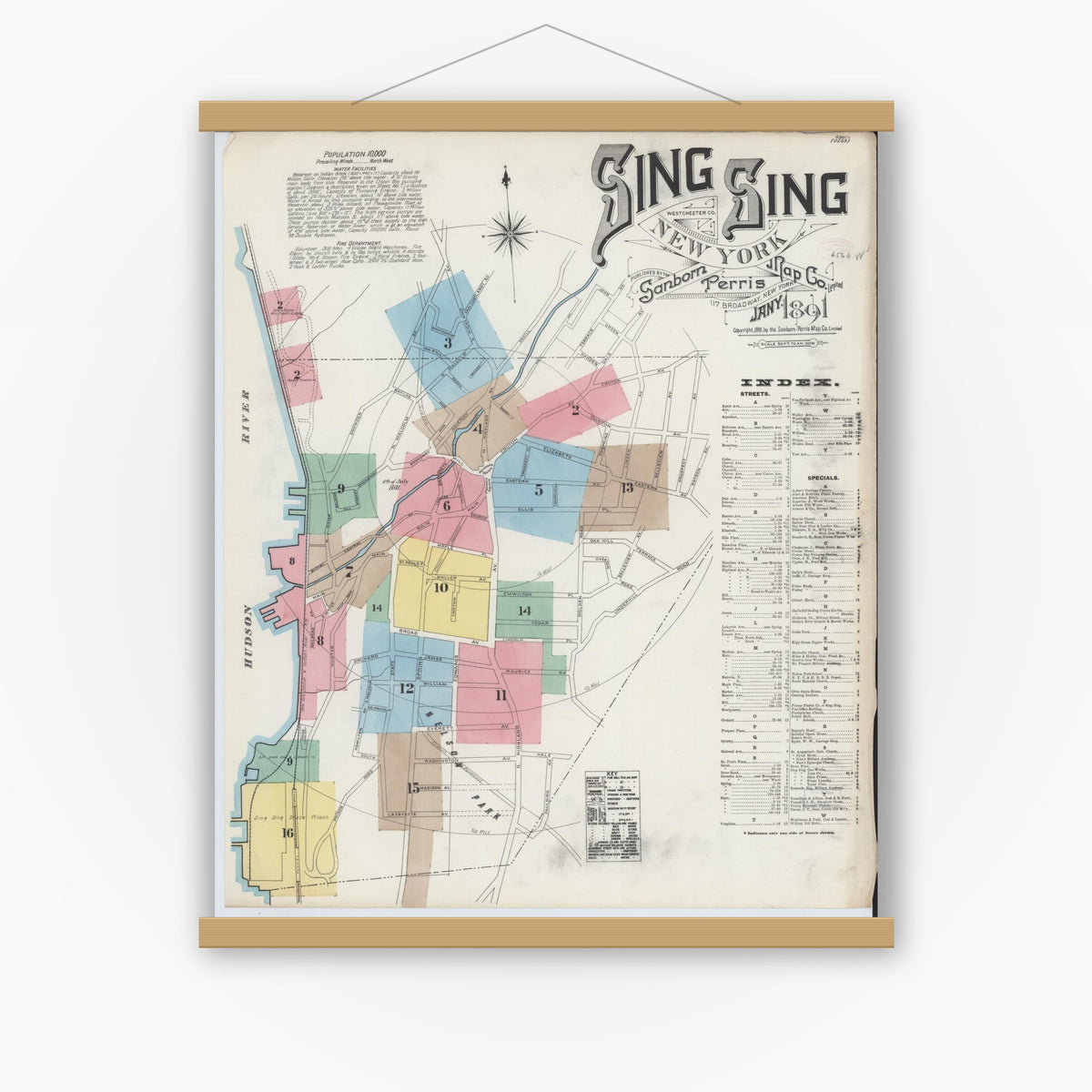 Old map wall art mockup — magnetic wood frame on white wall — Sanborn Fire Insurance Map from Sing Sing, Westchester County, New York (1891), Sheet #0001