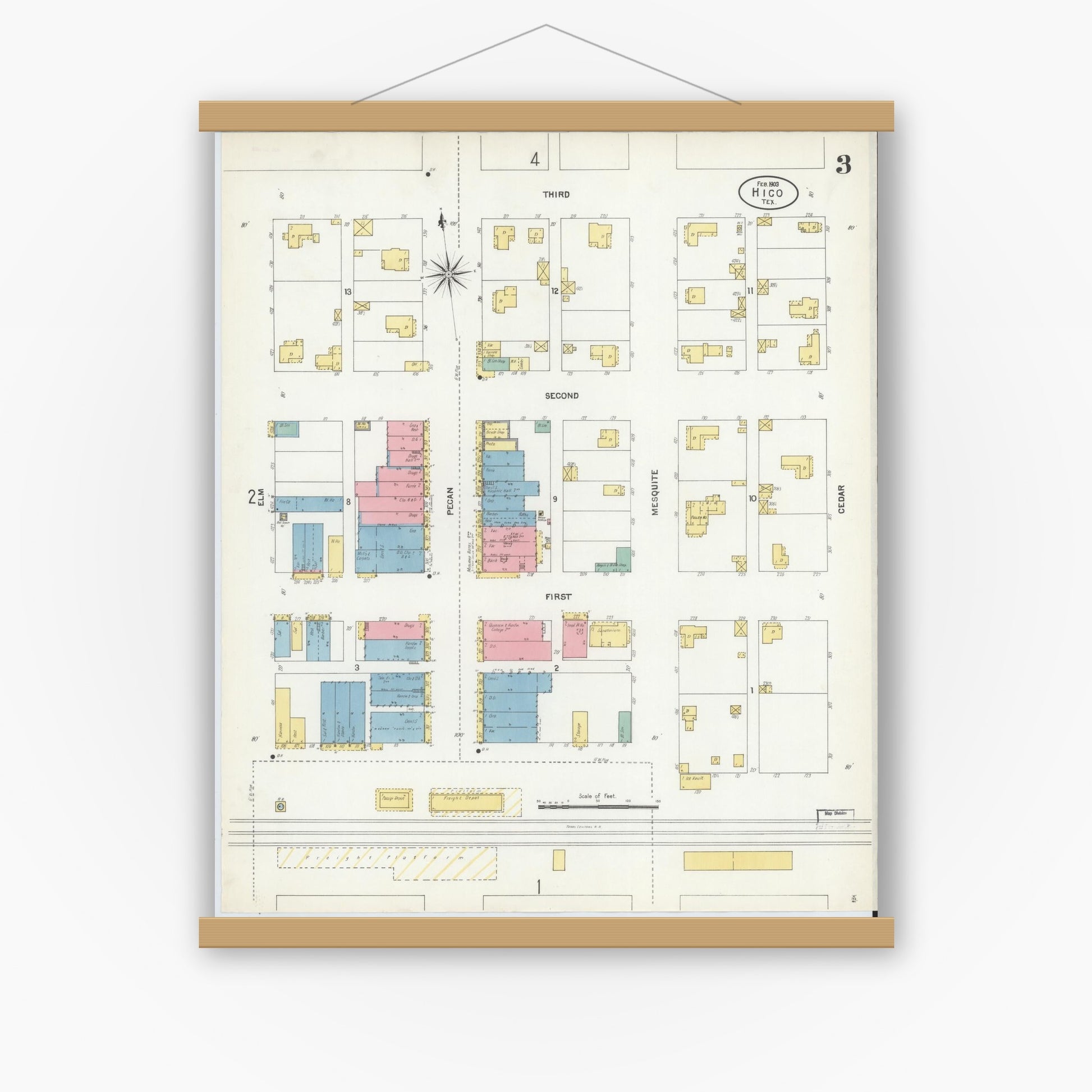 Old map wall art mockup — magnetic wood frame on white wall — Sanborn Fire Insurance Map from Hico, Hamilton County, Texas (1903), Sheet #0003