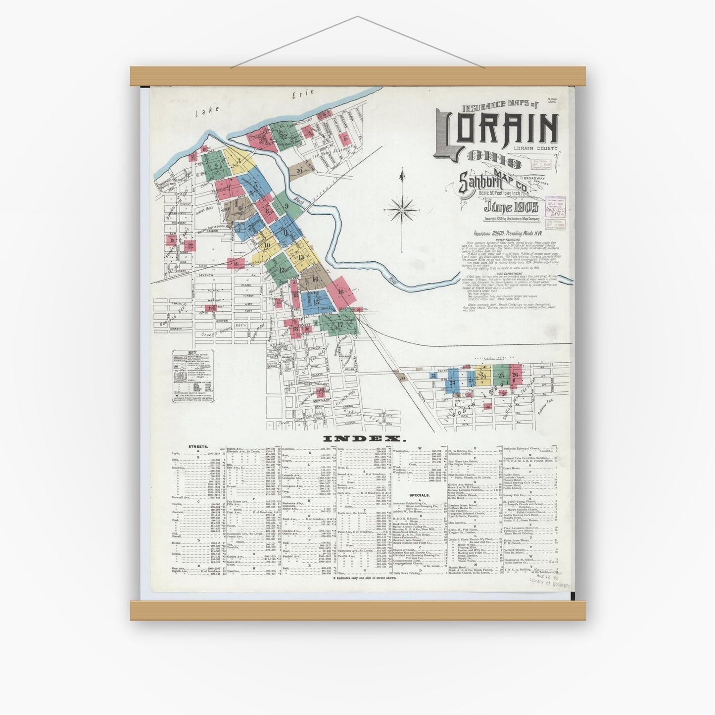 Old map wall art mockup — magnetic wood frame on white wall — Sanborn Fire Insurance Map from Lorain, Lorain County, Ohio (1905), Sheet #0001