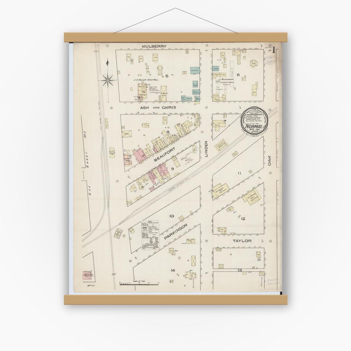 Old map wall art mockup — magnetic wood frame on white wall — Sanborn Fire Insurance Map from Normal, McLean County, Illinois (1885) - Complete Map Set