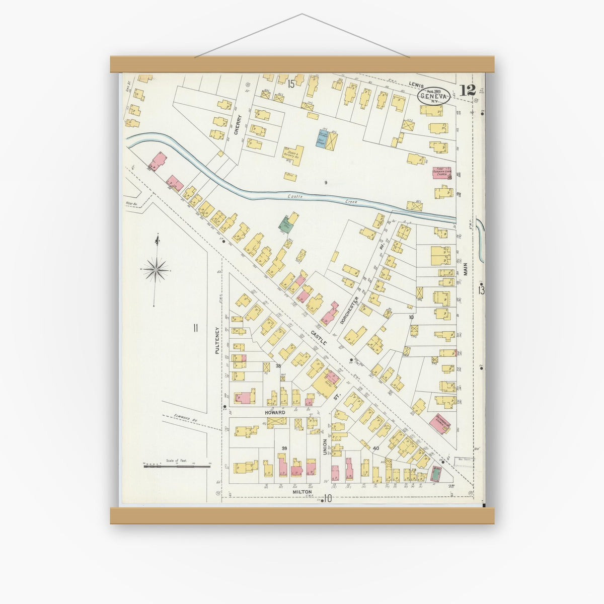 Old map wall art mockup — magnetic wood frame on white wall — Sanborn Fire Insurance Map from Geneva, Ontario County, New York (1903), Sheet #0012
