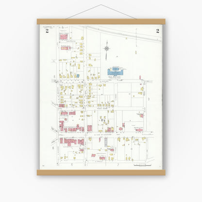 Old map wall art mockup — magnetic wood frame on white wall — Sanborn Fire Insurance Map from Williamsburg, Independent Cities, Virginia (1933), Sheet #0002