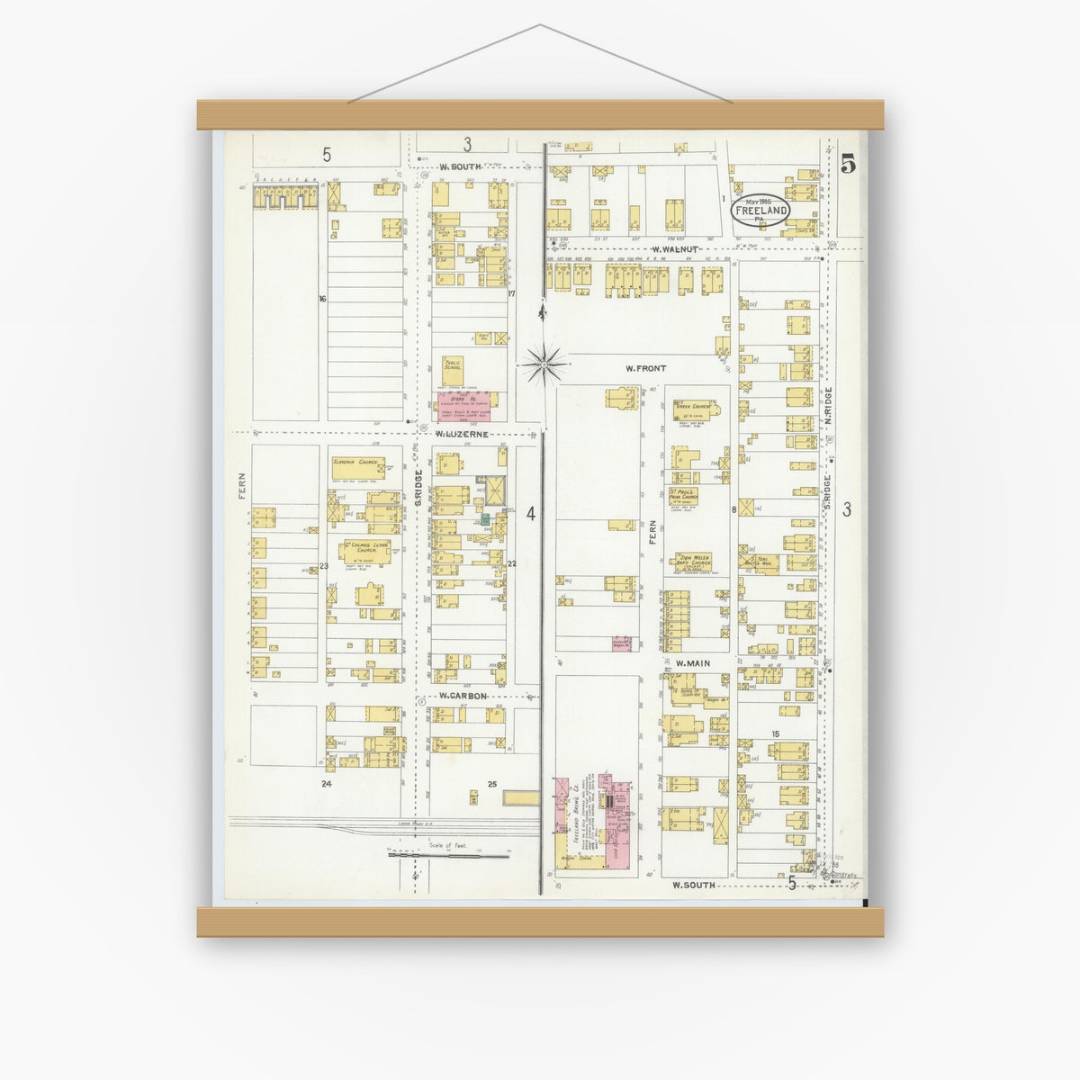 Old map wall art mockup — magnetic wood frame on white wall — Sanborn Fire Insurance Map from Freeland, Luzerne County, Pennsylvania (1905), Sheet #0005