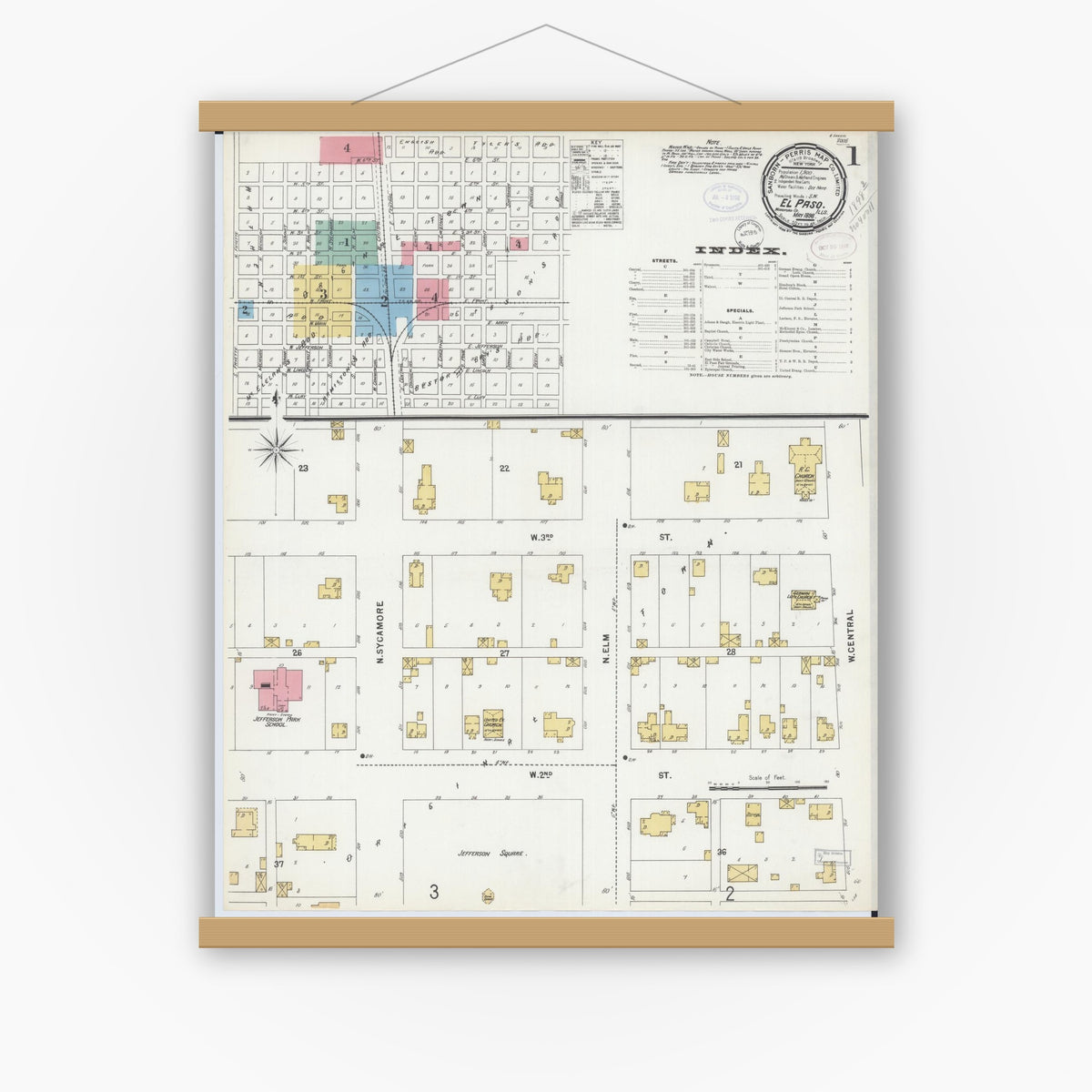 Old map wall art mockup — magnetic wood frame on white wall — Sanborn Fire Insurance Map from El Paso, Woodford County, Illinois (1898) - Complete Map Set