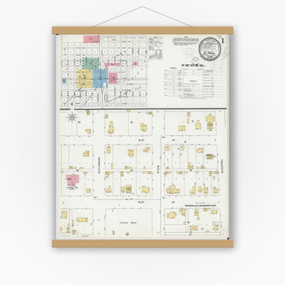 Old map wall art mockup — magnetic wood frame on white wall — Sanborn Fire Insurance Map from El Paso, Woodford County, Illinois (1898) - Complete Map Set