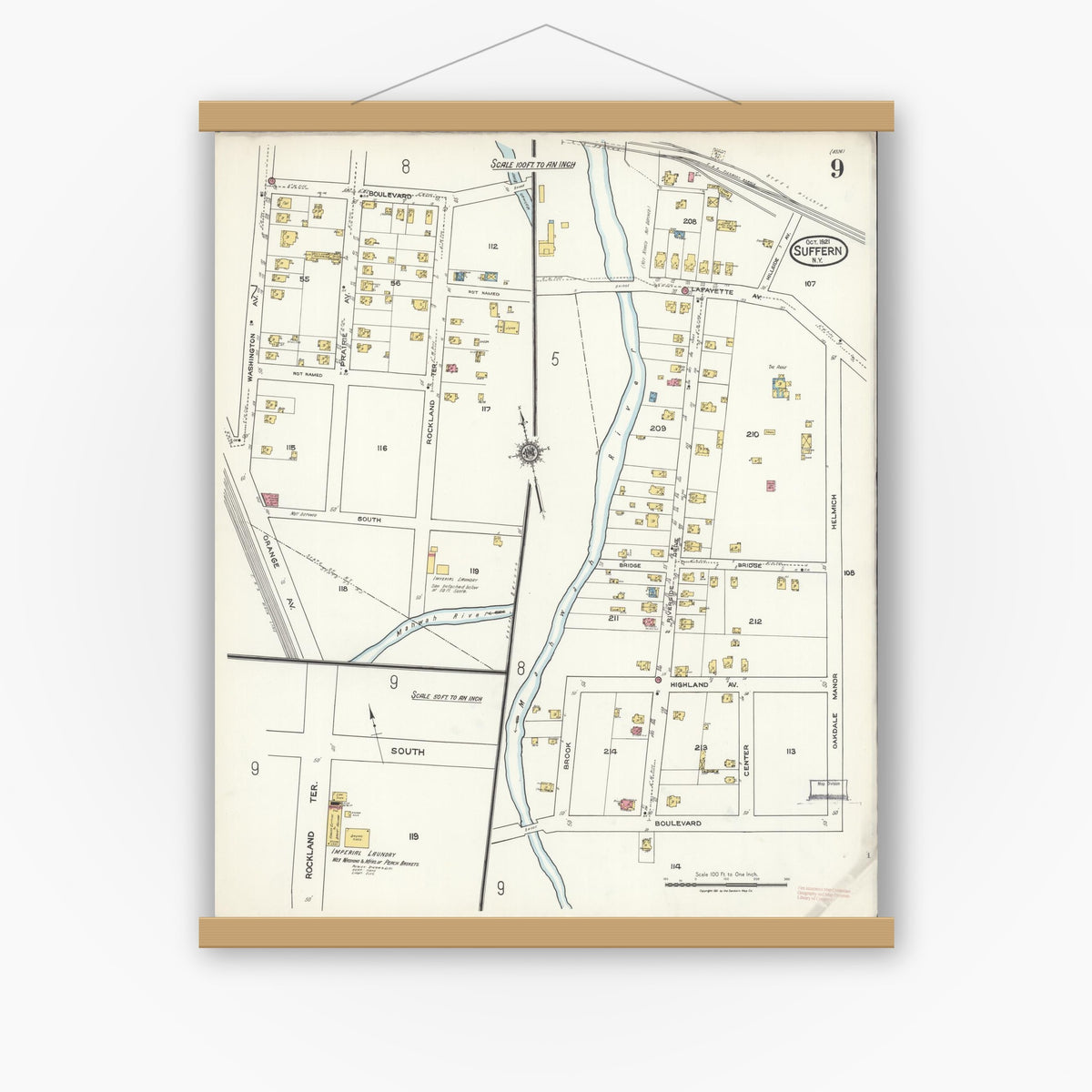 Old map wall art mockup — magnetic wood frame on white wall — Sanborn Fire Insurance Map from Suffern, Rockland County, New York (1921), Sheet #0009