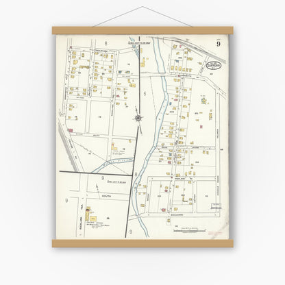 Old map wall art mockup — magnetic wood frame on white wall — Sanborn Fire Insurance Map from Suffern, Rockland County, New York (1921), Sheet #0009