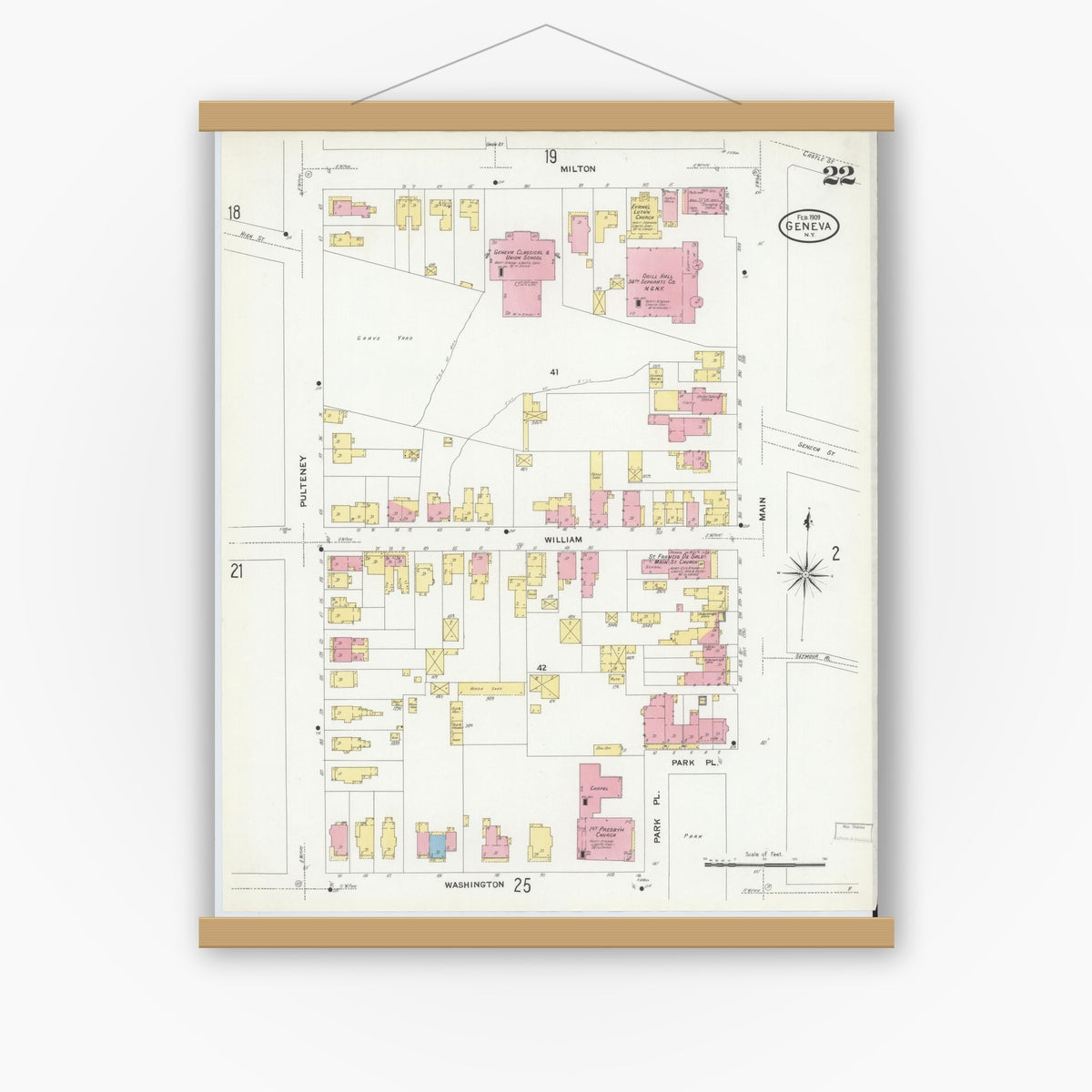 Old map wall art mockup — magnetic wood frame on white wall — Sanborn Fire Insurance Map from Geneva, Ontario County, New York (1909), Sheet #0022