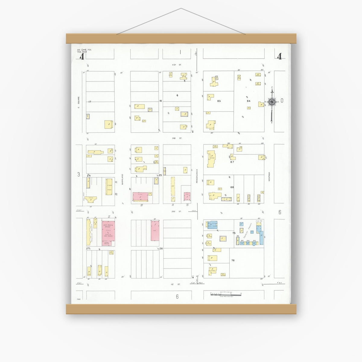 Old map wall art mockup — magnetic wood frame on white wall — Sanborn Fire Insurance Map from Big Lake, Reagan County, Texas (1949), Sheet #0004
