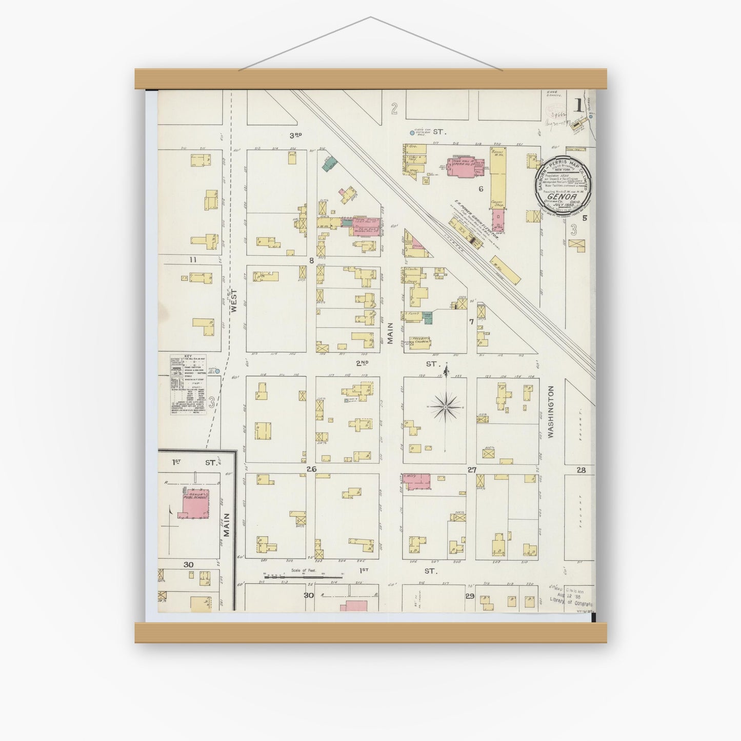 Old map wall art mockup — magnetic wood frame on white wall — Sanborn Fire Insurance Map from Genoa, Ottawa County, Ohio (1893), Sheet #0001