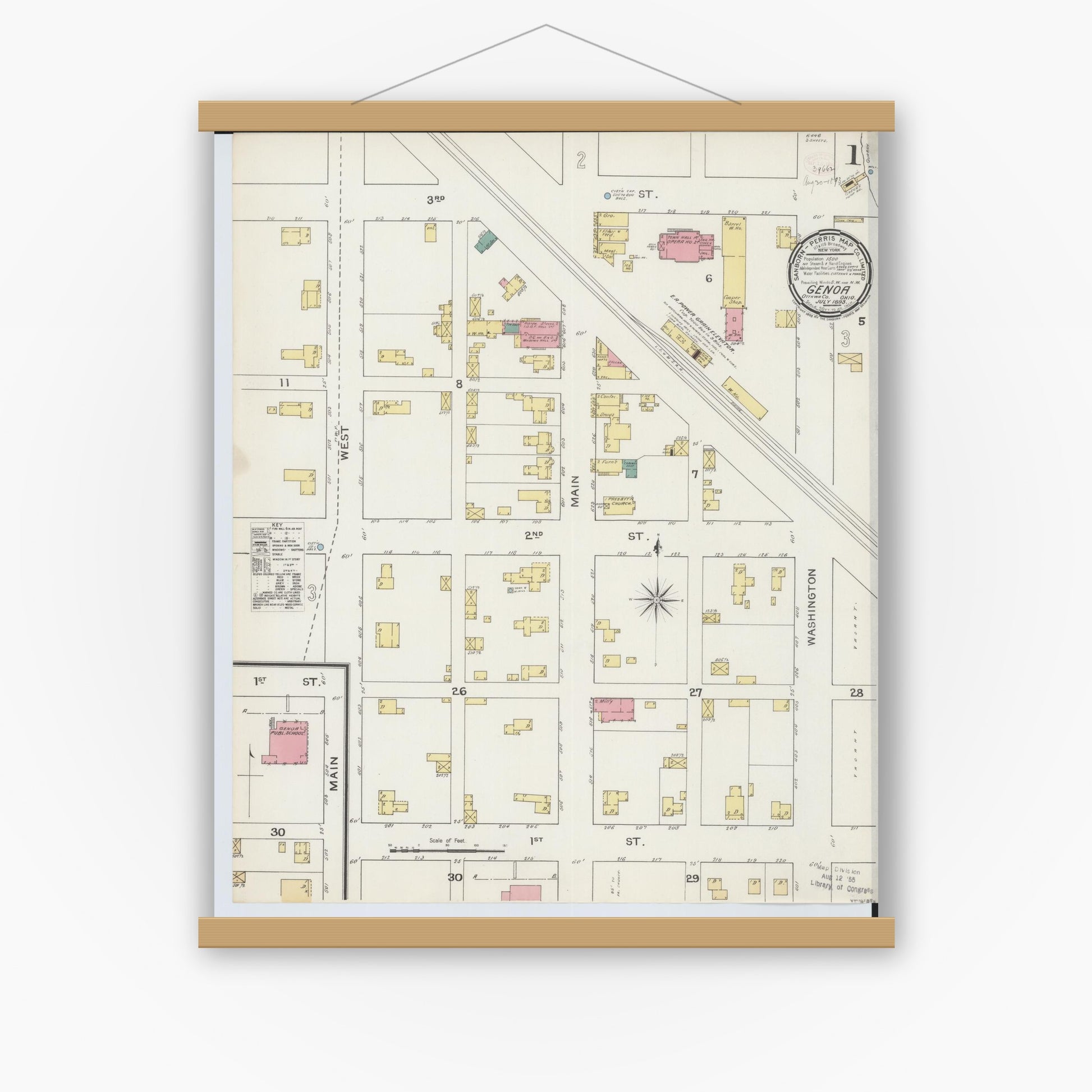Old map wall art mockup — magnetic wood frame on white wall — Sanborn Fire Insurance Map from Genoa, Ottawa County, Ohio (1893), Sheet #0001