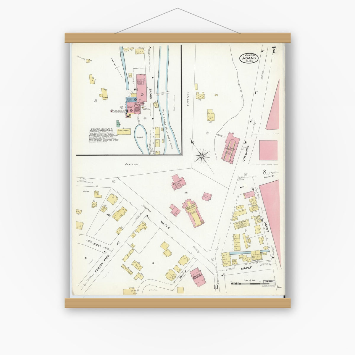 Old map wall art mockup — magnetic wood frame on white wall — Sanborn Fire Insurance Map from Adams, Berkshire County, Massachusetts (1908), Sheet #0007