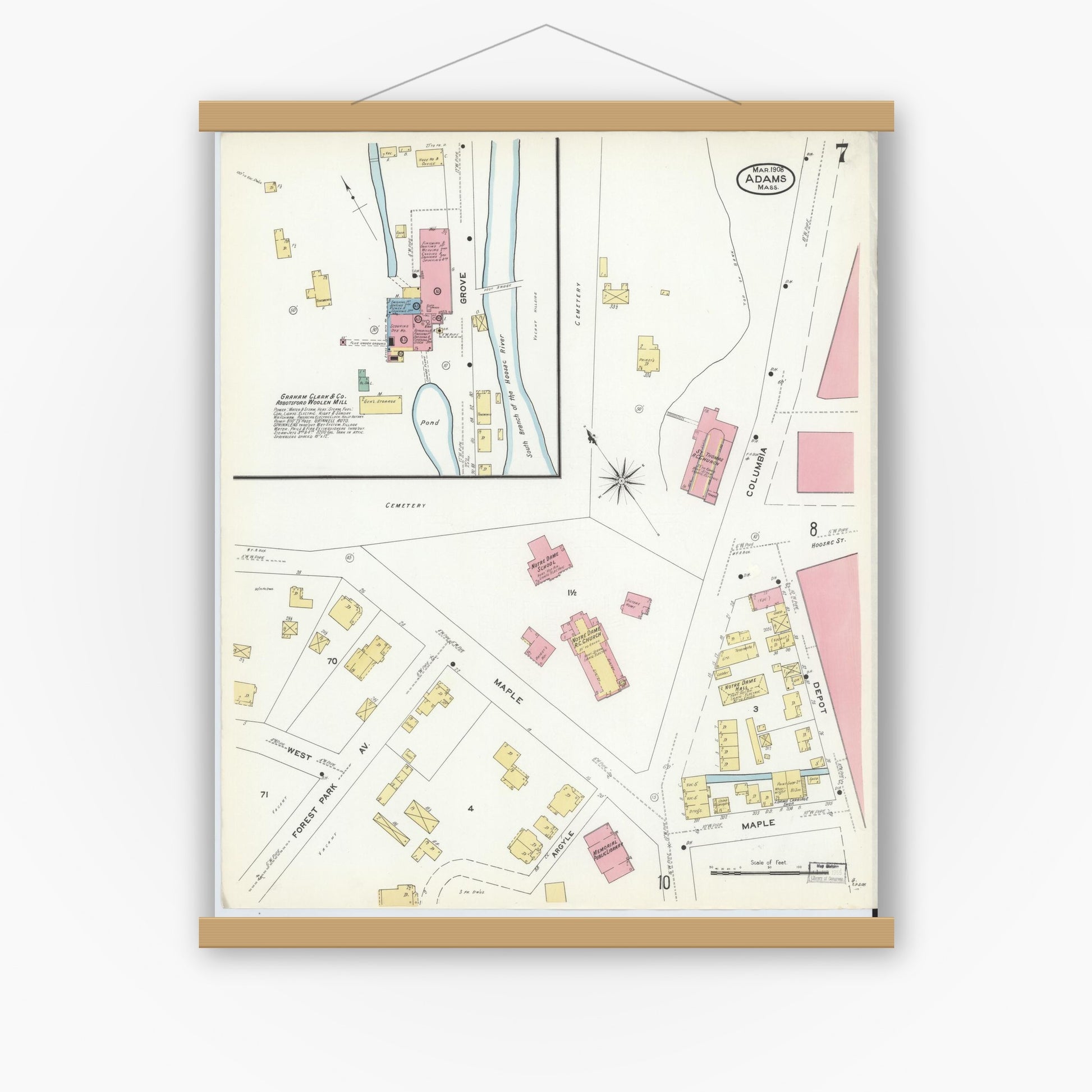 Old map wall art mockup — magnetic wood frame on white wall — Sanborn Fire Insurance Map from Adams, Berkshire County, Massachusetts (1908), Sheet #0007