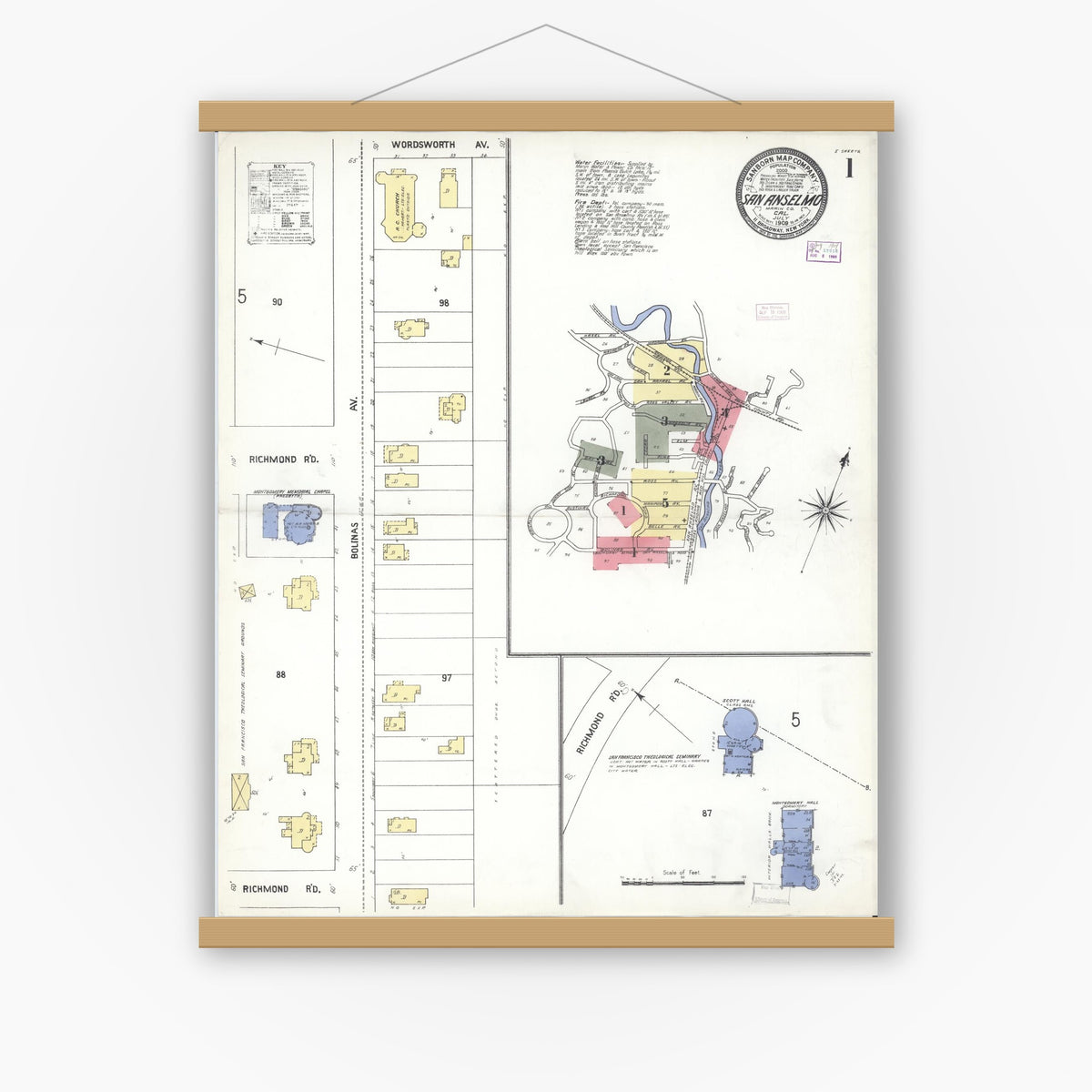 Old map wall art mockup — magnetic wood frame on white wall — Sanborn Fire Insurance Map from San Anselmo, Marin County, California (1909) - Complete Map Set