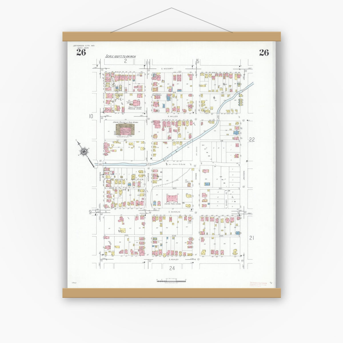Old map wall art mockup — magnetic wood frame on white wall — Sanborn Fire Insurance Map from Jefferson City, Cole County, Missouri (1939), Sheet #0026
