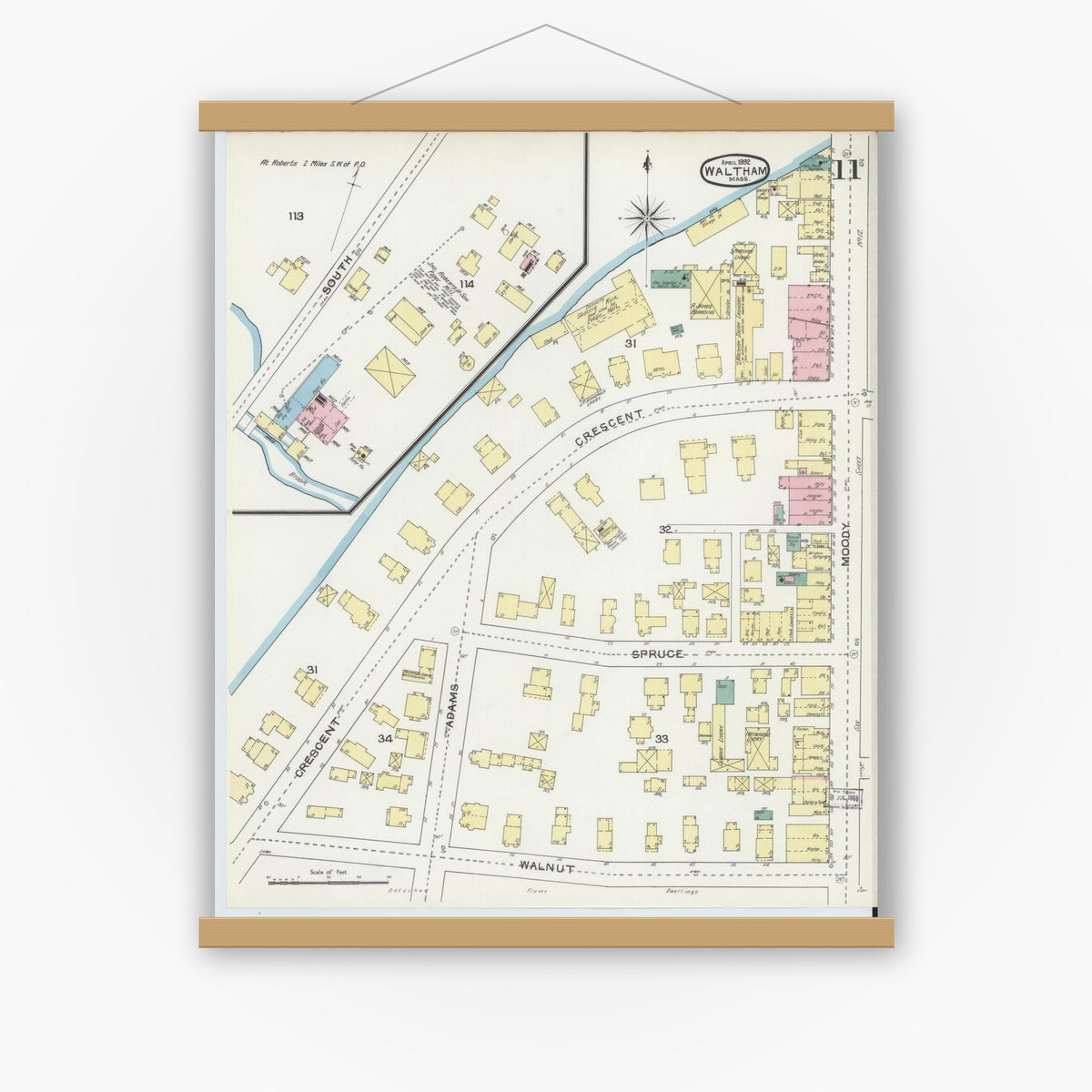 Old map wall art mockup — magnetic wood frame on white wall — Sanborn Fire Insurance Map from Waltham, Middlesex County, Massachusetts (1892), Sheet #0011
