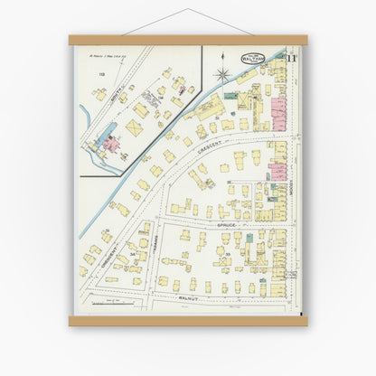 Old map wall art mockup — magnetic wood frame on white wall — Sanborn Fire Insurance Map from Waltham, Middlesex County, Massachusetts (1892), Sheet #0011