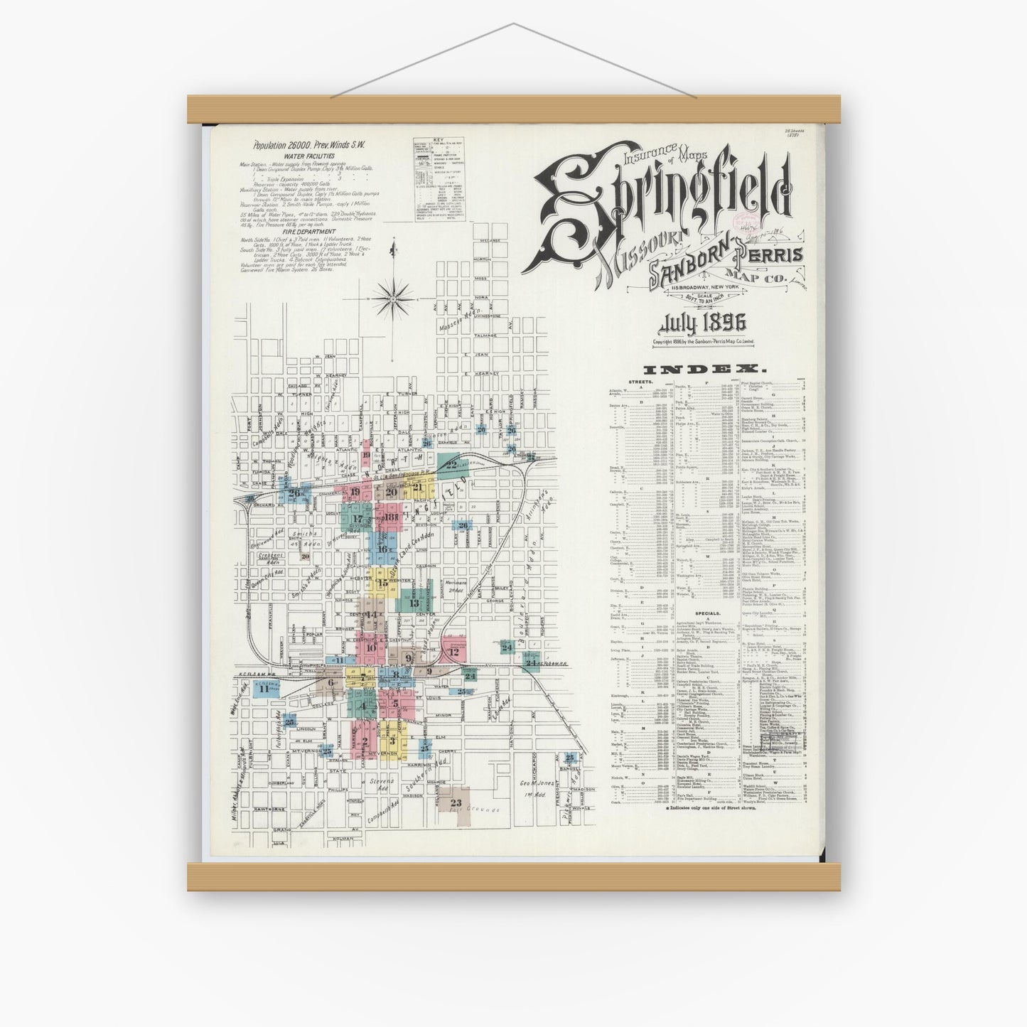Old map wall art mockup — magnetic wood frame on white wall — Sanborn Fire Insurance Map from Springfield, Greene County, Missouri (1896) - Complete Map Set