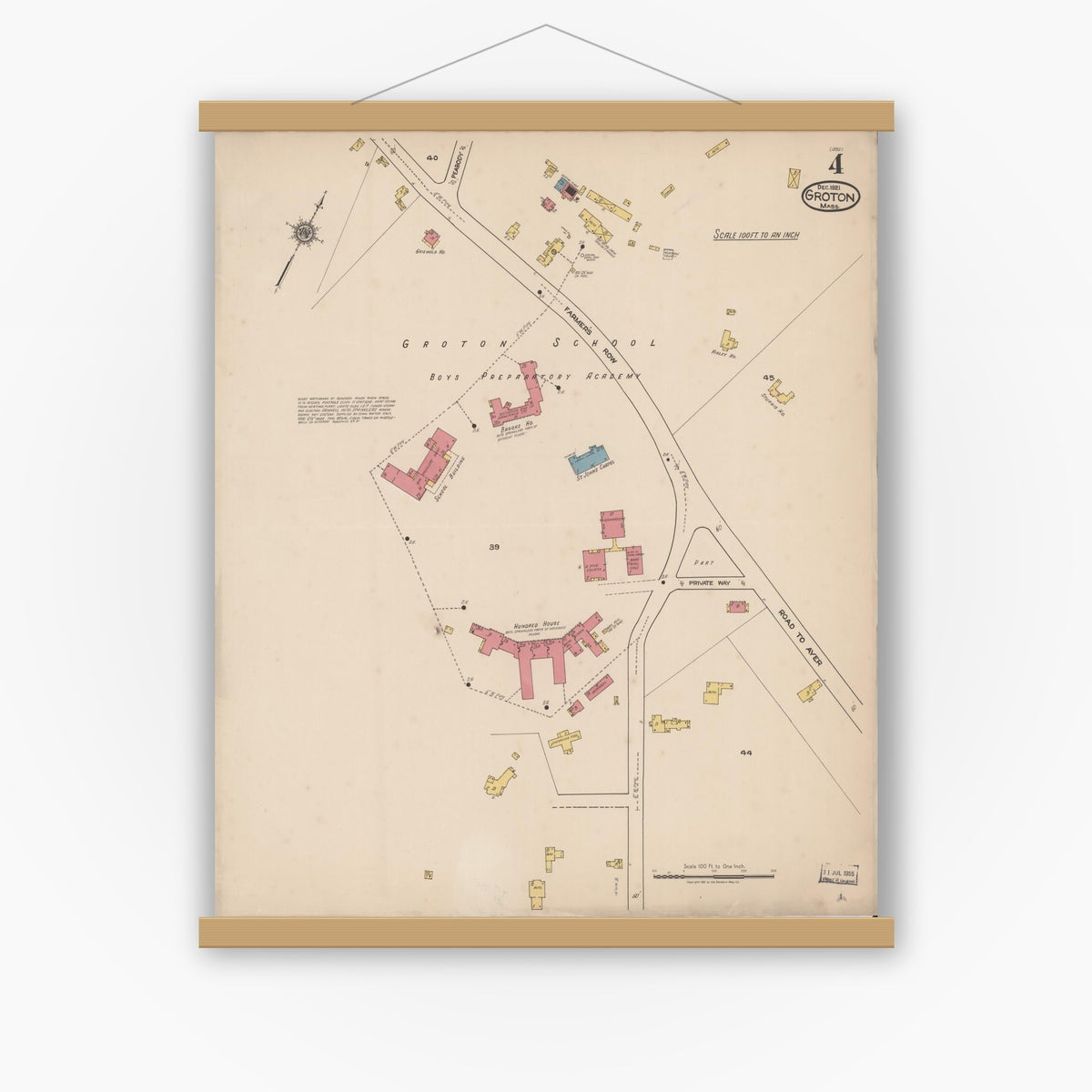 Old map wall art mockup — magnetic wood frame on white wall — Sanborn Fire Insurance Map from Groton, Middlesex County, Massachusetts (1921), Sheet #0004