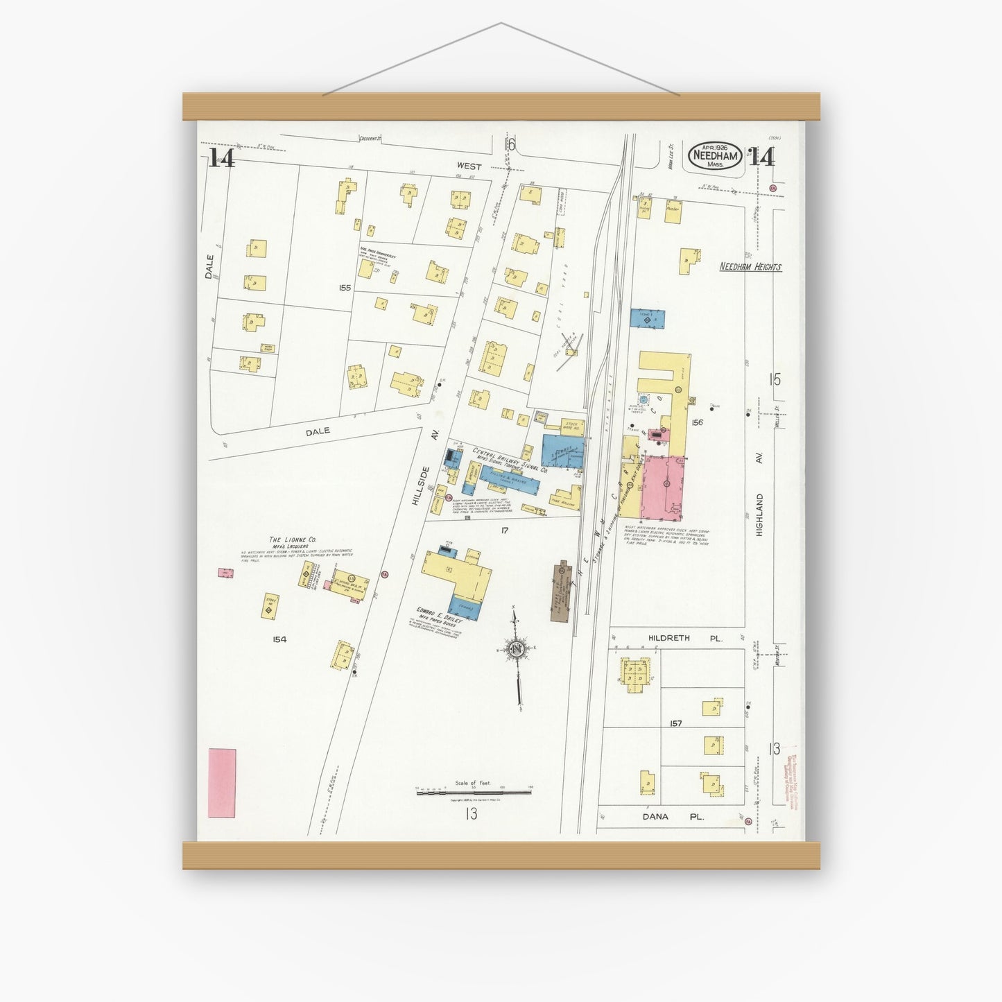 Old map wall art mockup — magnetic wood frame on white wall — Sanborn Fire Insurance Map from Needham, Norfolk County, Massachusetts (1926), Sheet #0014