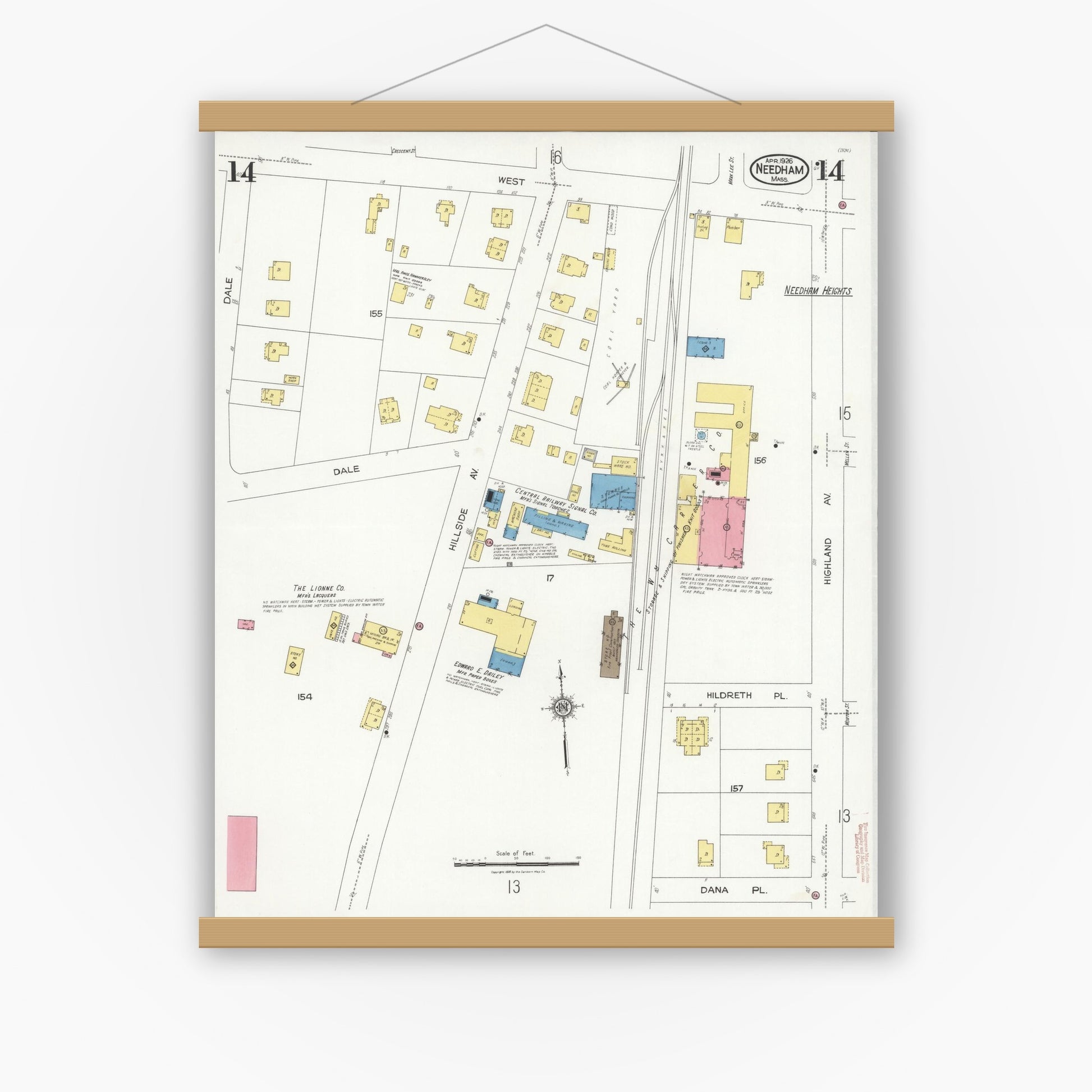 Old map wall art mockup — magnetic wood frame on white wall — Sanborn Fire Insurance Map from Needham, Norfolk County, Massachusetts (1926), Sheet #0014