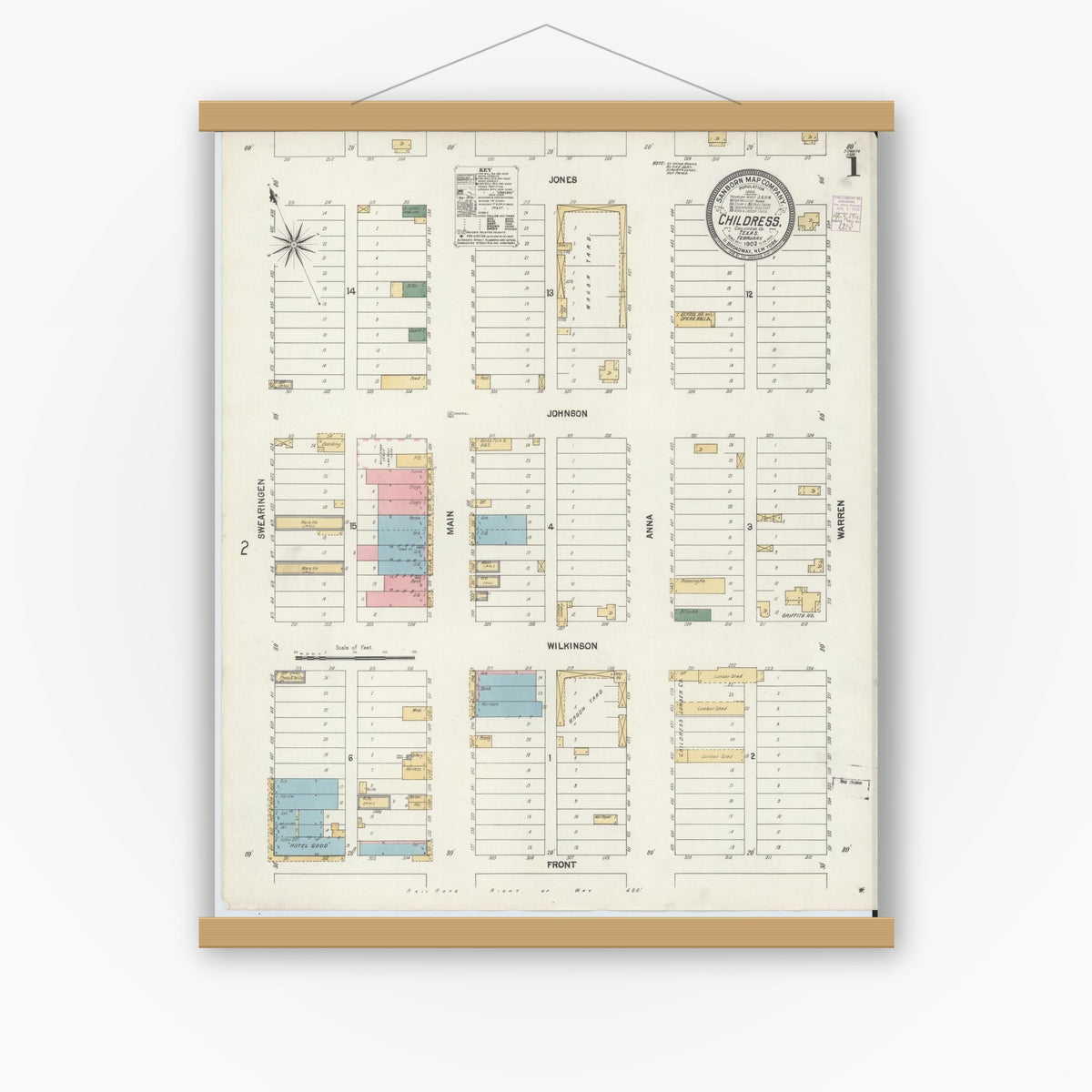 Old map wall art mockup — magnetic wood frame on white wall — Sanborn Fire Insurance Map from Childress, Childress County, Texas (1902), Sheet #0001
