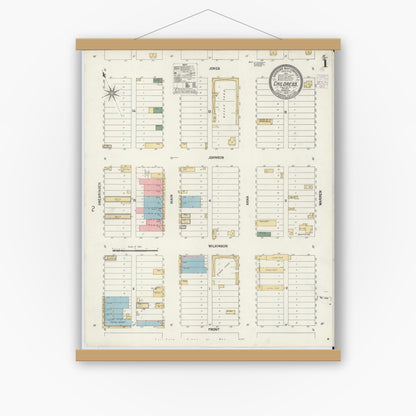 Old map wall art mockup — magnetic wood frame on white wall — Sanborn Fire Insurance Map from Childress, Childress County, Texas (1902), Sheet #0001