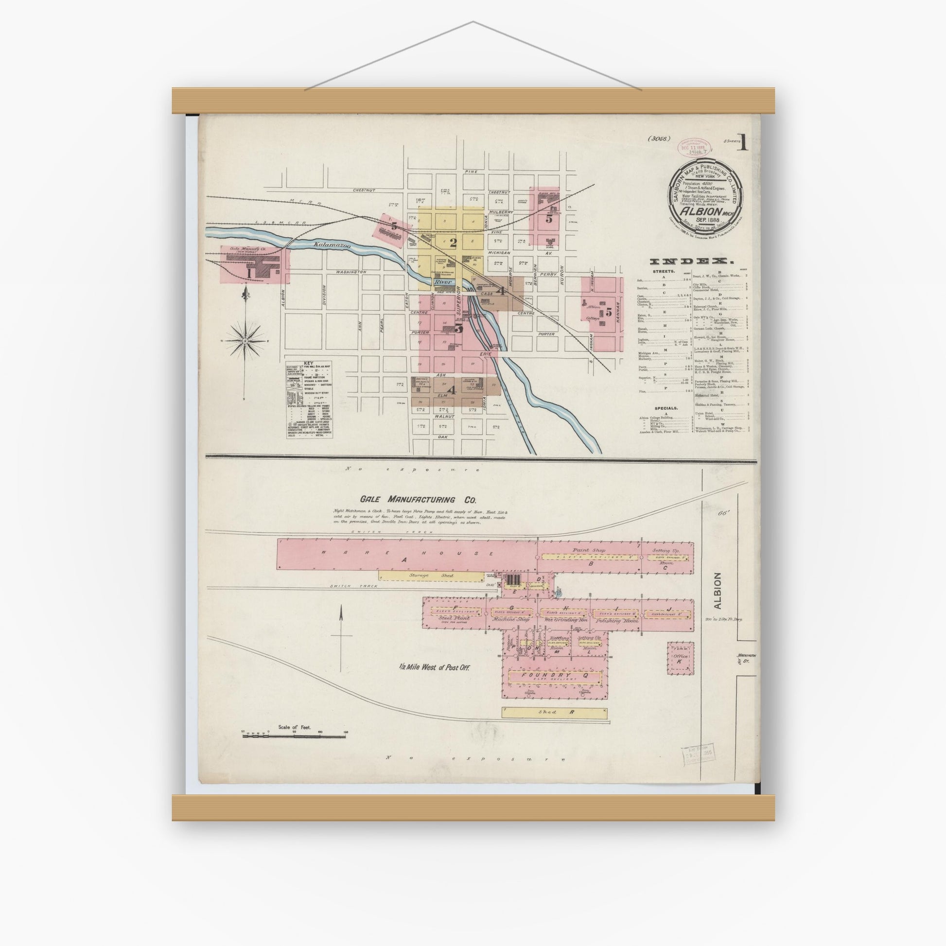 Old map wall art mockup — magnetic wood frame on white wall — Sanborn Fire Insurance Map from Albion, Calhoun County, Michigan (1888), Sheet #0001