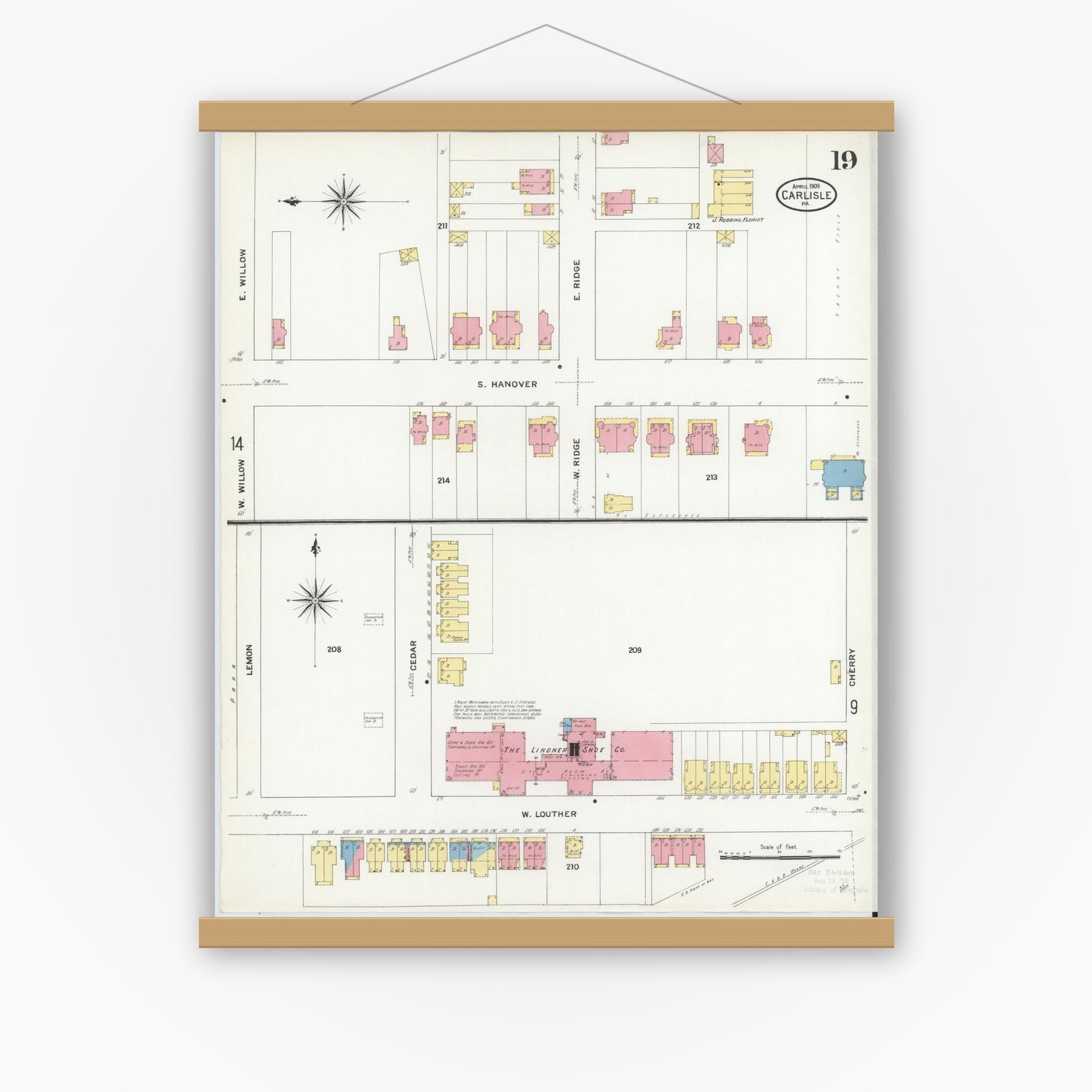 Old map wall art mockup — magnetic wood frame on white wall — Sanborn Fire Insurance Map from Carlisle, Cumberland County, Pennsylvania (1909), Sheet #0019