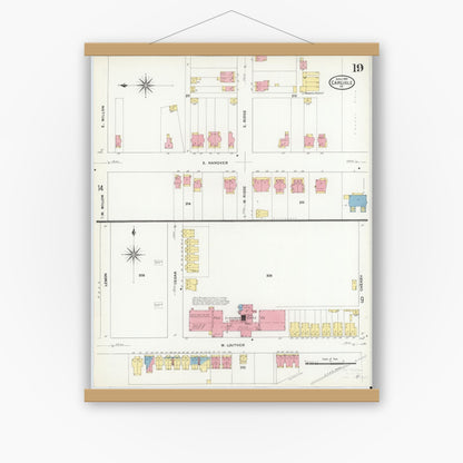 Old map wall art mockup — magnetic wood frame on white wall — Sanborn Fire Insurance Map from Carlisle, Cumberland County, Pennsylvania (1909), Sheet #0019