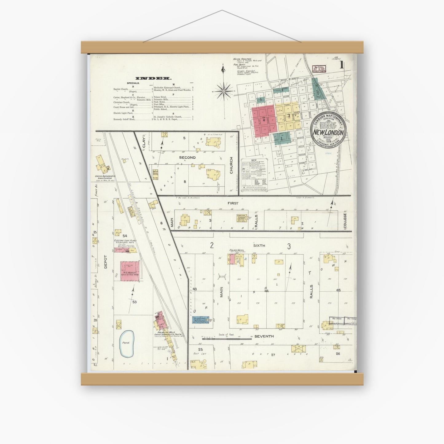 Old map wall art mockup — magnetic wood frame on white wall — Sanborn Fire Insurance Map from New London, Ralls County, Missouri (1909), Sheet #0001