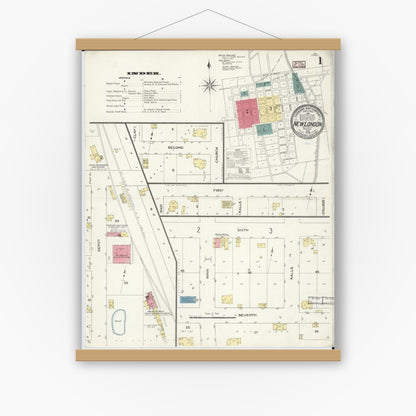Old map wall art mockup — magnetic wood frame on white wall — Sanborn Fire Insurance Map from New London, Ralls County, Missouri (1909), Sheet #0001