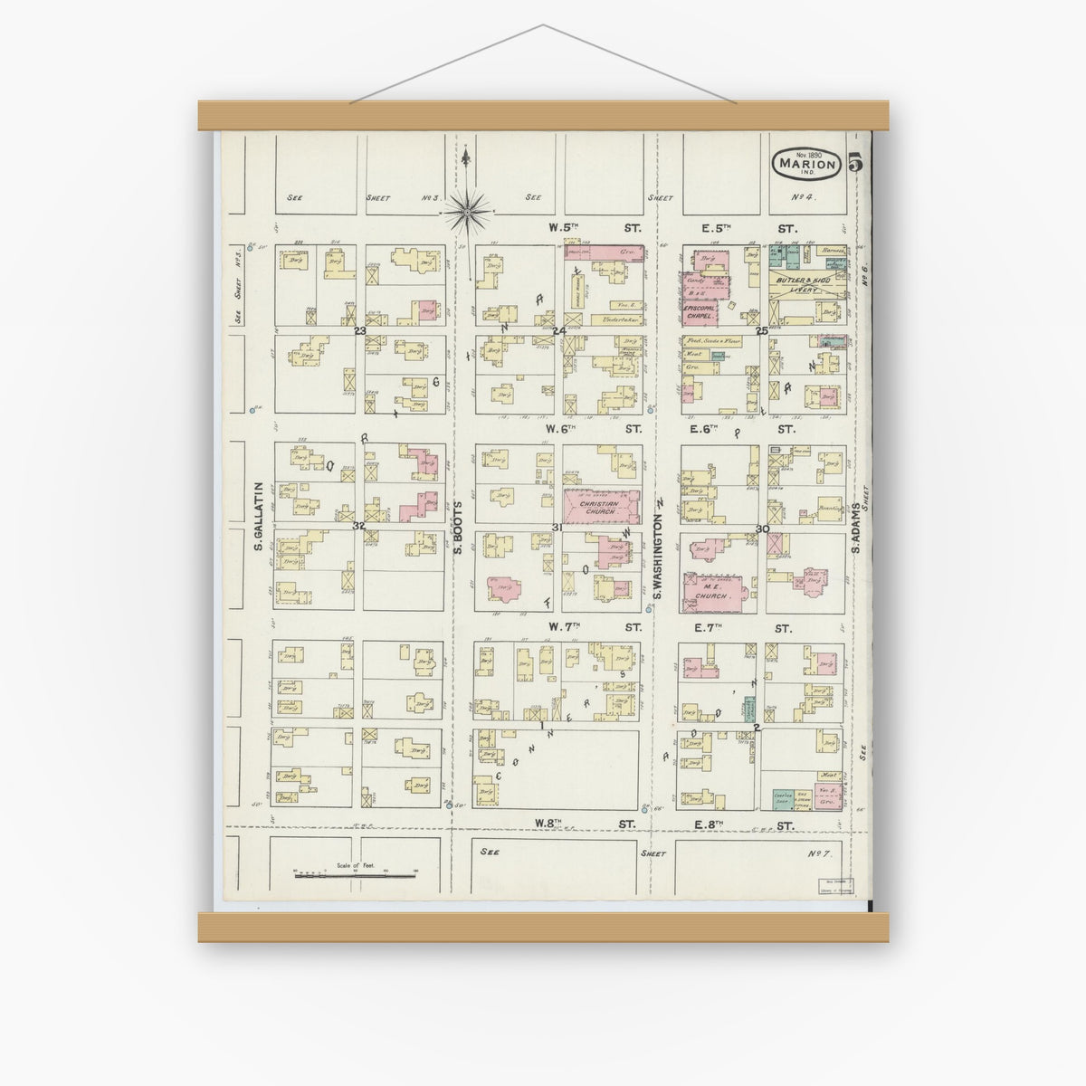 Old map wall art mockup — magnetic wood frame on white wall — Sanborn Fire Insurance Map from Marion, Grant County, Indiana (1890), Sheet #0005